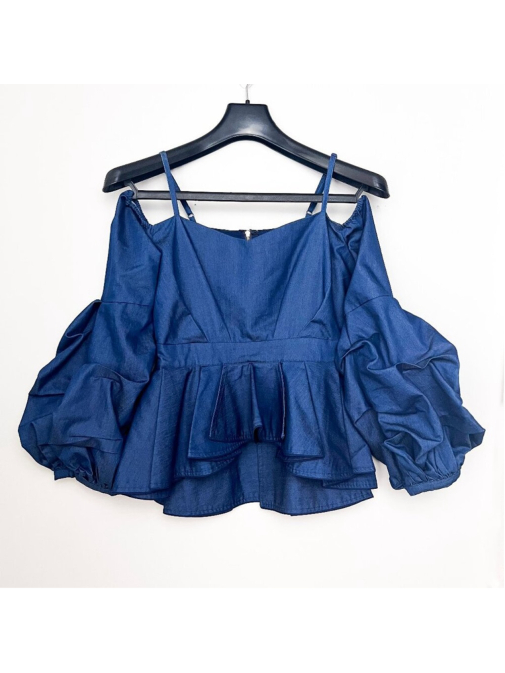 Gracia Navy Blue Cold Shoulder Blouse, Peplum Waist, Women's Size M